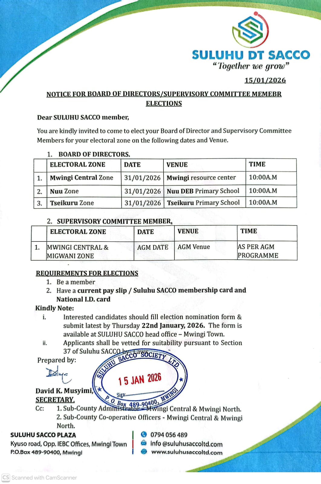 Suluhu DT SACCO Election Notice 2026